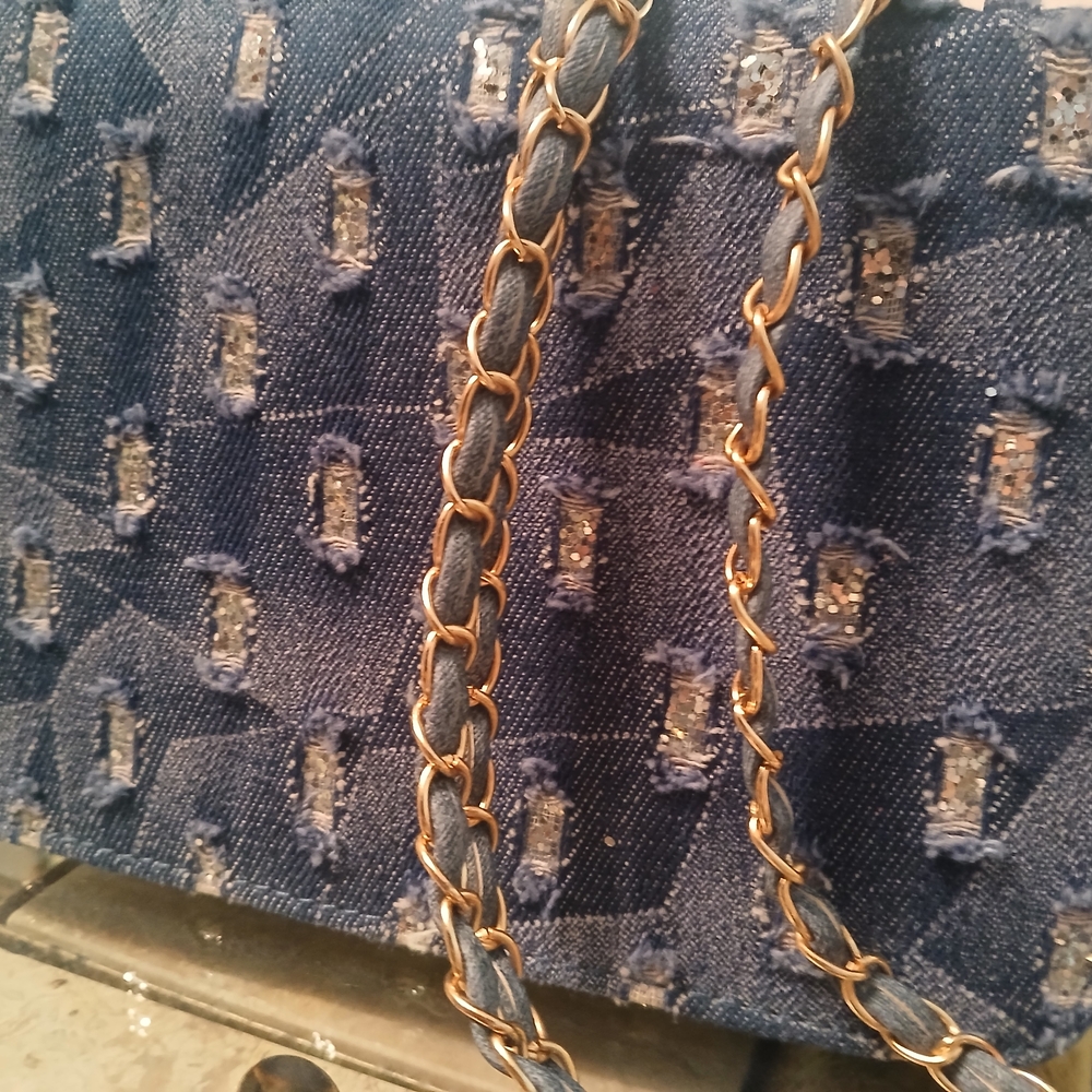 Stylish Denim and Gold Chain Bag